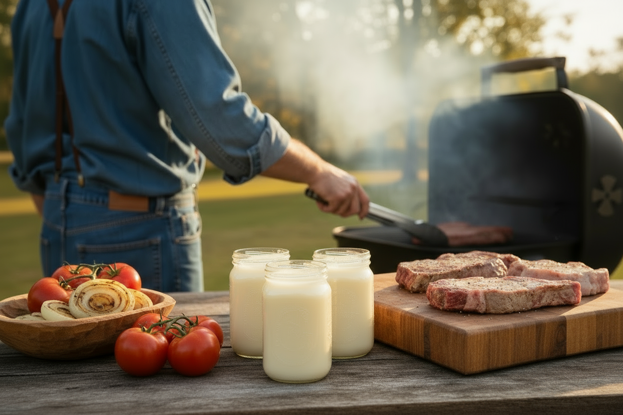dont show the farmers face, only want to see part of his back and arm grilling. Make the tallow more prominent in the image. Only meat on the cutting board. No other vegtables except grilled onions in a wood bowl and vine ripe tomatoes to accent